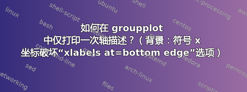 如何在 groupplot 中仅打印一次轴描述？（背景：符号 x 坐标破坏“xlabels at=bottom edge”选项）