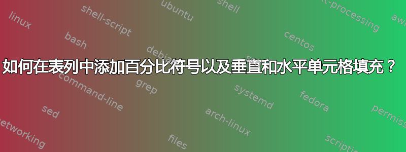 如何在表列中添加百分比符号以及垂直和水平单元格填充？