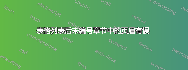 表格列表后未编号章节中的页眉有误