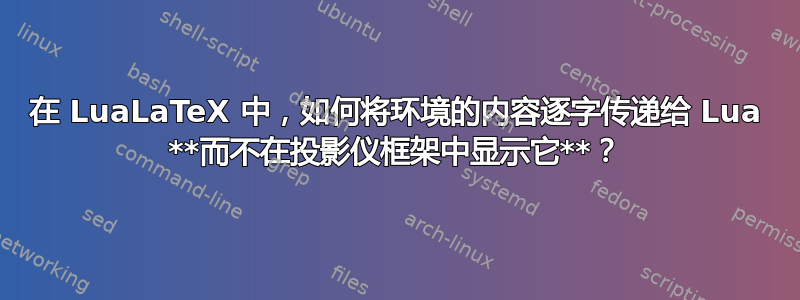 在 LuaLaTeX 中，如何将环境的内容逐字传递给 Lua **而不在投影仪框架中显示它**？