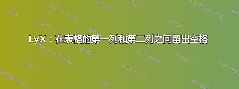 LyX：在表格的第一列和第二列之间留出空格