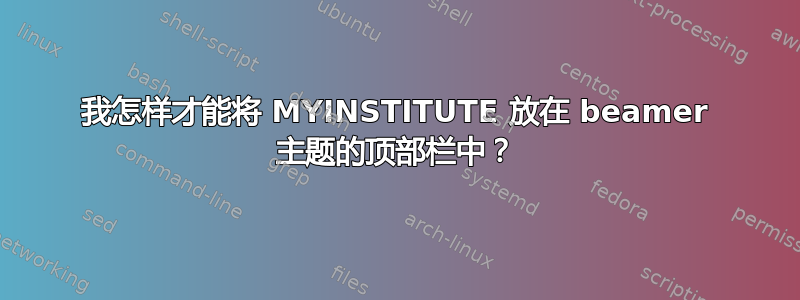 我怎样才能将 MYINSTITUTE 放在 beamer 主题的顶部栏中？