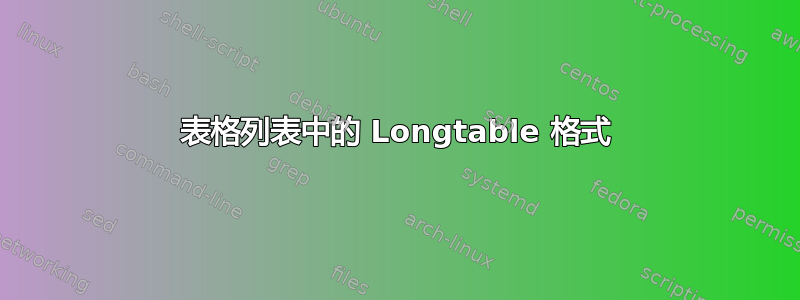 表格列表中的 Longtable 格式