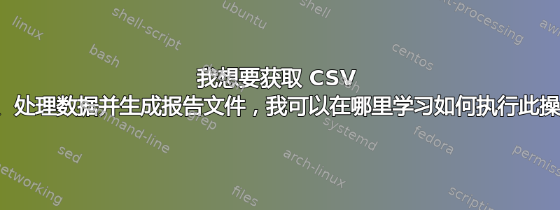 我想要获取 CSV 文件、处理数据并生成报告文件，我可以在哪里学习如何执行此操作？