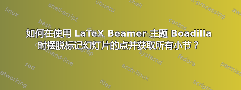 如何在使用 LaTeX Beamer 主题 Boadilla 时摆脱标记幻灯片的点并获取所有小节？