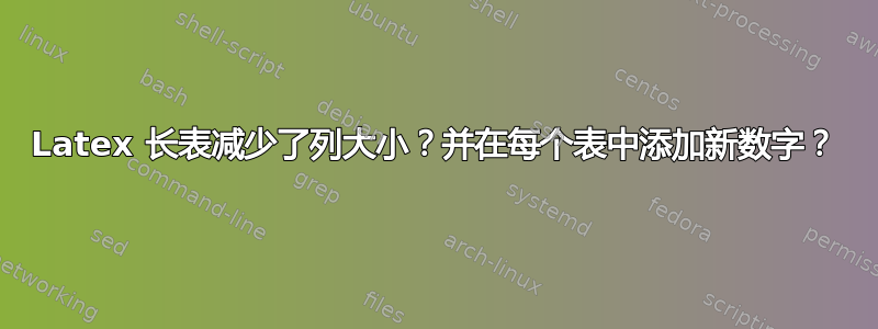 Latex 长表减少了列大小？并在每个表中添加新数字？