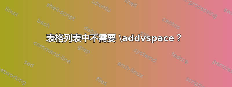 表格列表中不需要 \addvspace？