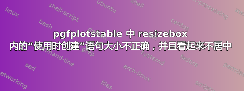 pgfplotstable 中 resizebox 内的“使用时创建”语句大小不正确，并且看起来不居中