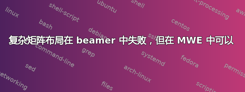 复杂矩阵布局在 beamer 中失败，但在 MWE 中可以