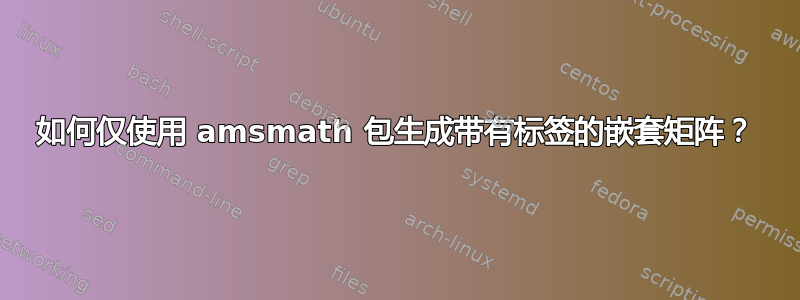 如何仅使用 amsmath 包生成带有标签的嵌套矩阵？