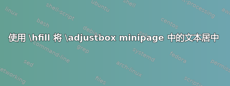 使用 \hfill 将 \adjustbox minipage 中的文本居中