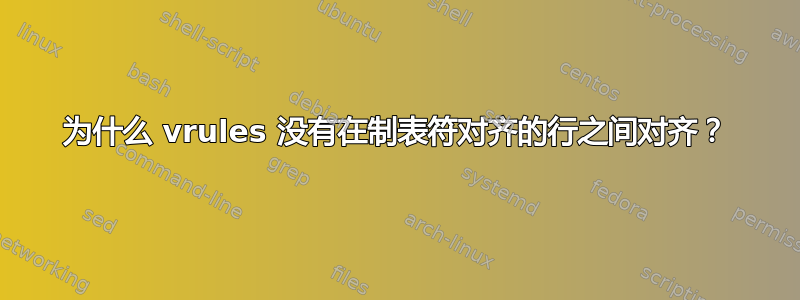 为什么 vrules 没有在制表符对齐的行之间对齐？