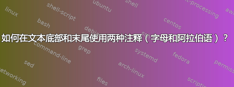 如何在文本底部和末尾使用两种注释（字母和阿拉伯语）？