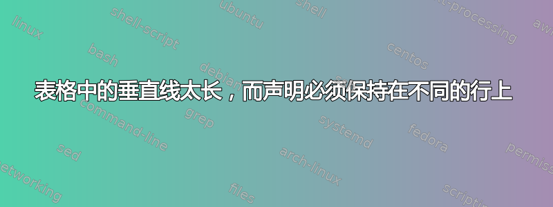 表格中的垂直线太长，而声明必须保持在不同的行上