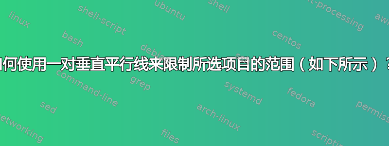 如何使用一对垂直平行线来限制所选项目的范围（如下所示）？