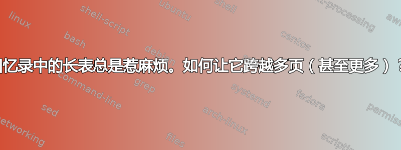 回忆录中的长表总是惹麻烦。如何让它跨越多页（甚至更多）？