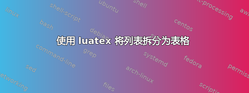 使用 luatex 将列表拆分为表格