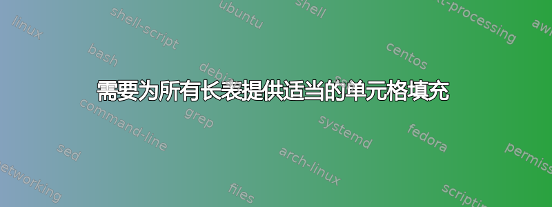 需要为所有长表提供适当的单元格填充