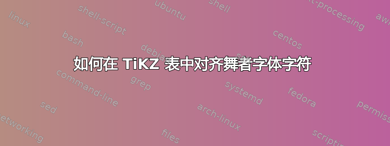 如何在 TiKZ 表中对齐舞者字体字符