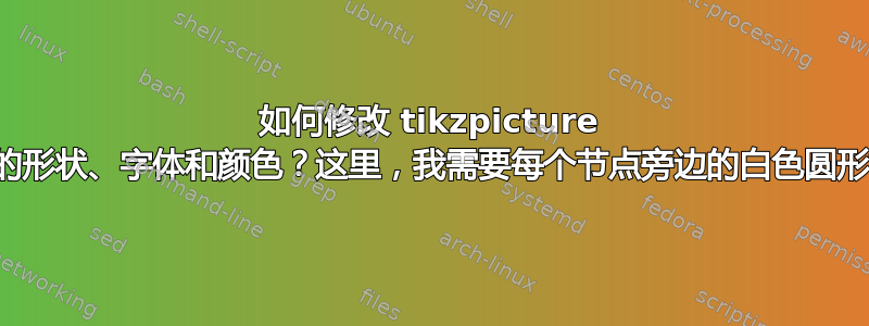 如何修改 tikzpicture 标签的形状、字体和颜色？这里，我需要每个节点旁边的白色圆形标签