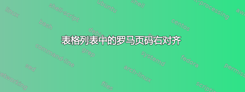 表格列表中的罗马页码右对齐