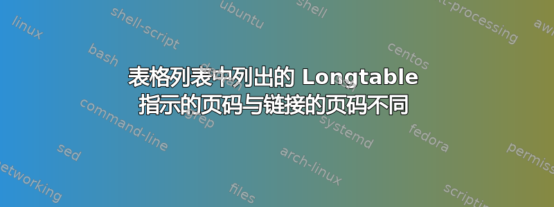 表格列表中列出的 Longtable 指示的页码与链接的页码不同