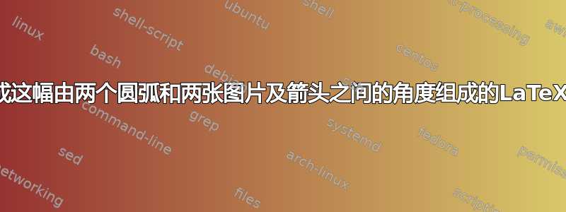 如何完成这幅由两个圆弧和两张图片及箭头之间的角度组成的LaTeX绘图？