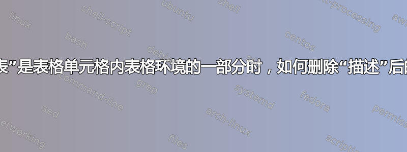 当“列表”是表格单元格内表格环境的一部分时，如何删除“描述”后的空行