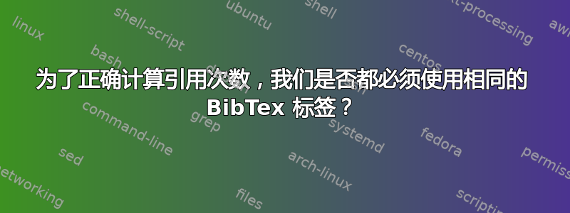 为了正确计算引用次数，我们是否都必须使用相同的 BibTex 标签？