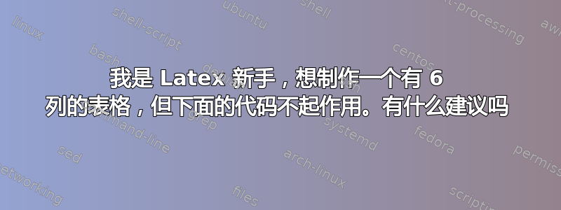 我是 Latex 新手，想制作一个有 6 列的表格，但下面的代码不起作用。有什么建议吗