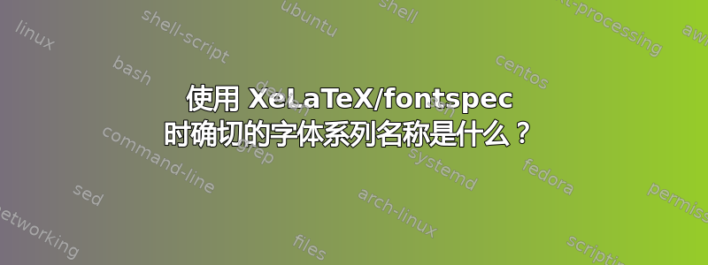 使用 XeLaTeX/fontspec 时确切的字体系列名称是什么？