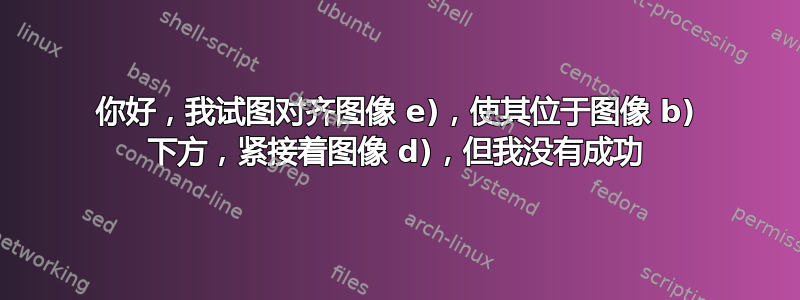 你好，我试图对齐图像 e)，使其位于图像 b) 下方，紧接着图像 d)，但我没有成功