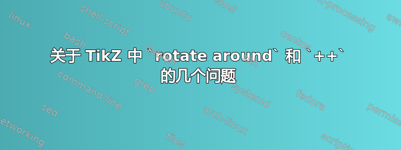 关于 TikZ 中 `rotate around` 和 `++` 的几个问题