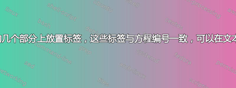 在方程的几个部分上放置标签，这些标签与方程编号一致，可以在文本中引用