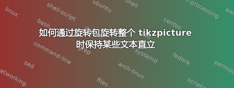 如何通过旋转包旋转整个 tikzpicture 时保持某些文本直立