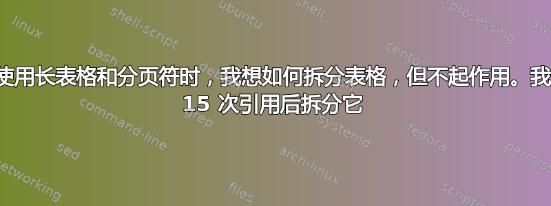 当我使用长表格和分页符时，我想如何拆分表格，但不起作用。我想在 15 次引用后拆分它