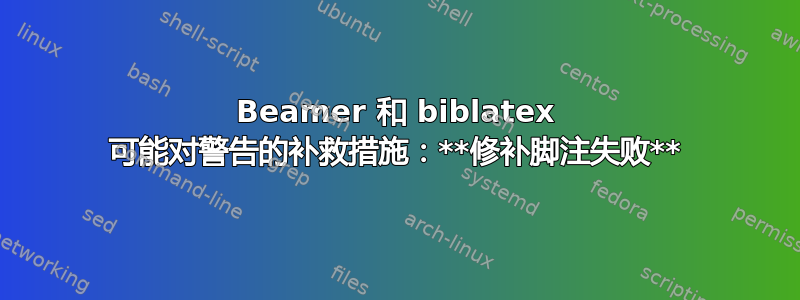 Beamer 和 biblatex 可能对警告的补救措施：**修补脚注失败**