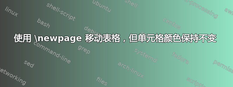 使用 \newpage 移动表格，但单元格颜色保持不变