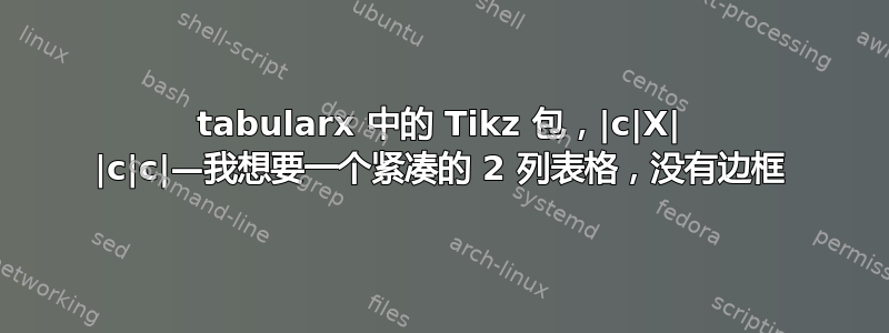 tabularx 中的 Tikz 包，|c|X| |c|c|—我想要一个紧凑的 2 列表格，没有边框