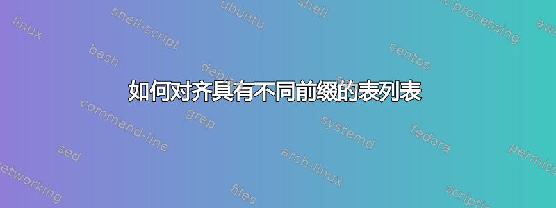 如何对齐具有不同前缀的表列表