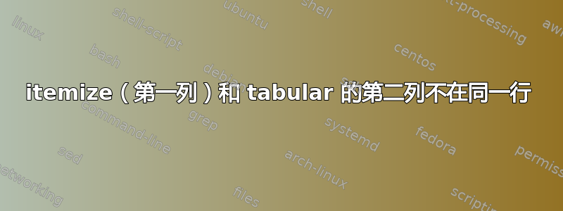 itemize（第一列）和 tabular 的第二列不在同一行