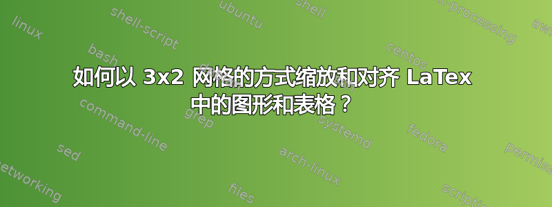 如何以 3x2 网格的方式缩放和对齐 LaTex 中的图形和表格？