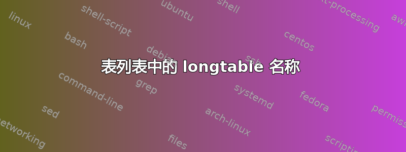 表列表中的 longtable 名称