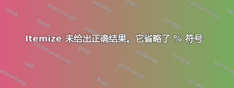 Itemize 未给出正确结果。它省略了 % 符号 