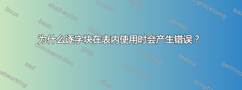 为什么逐字块在表内使用时会产生错误？