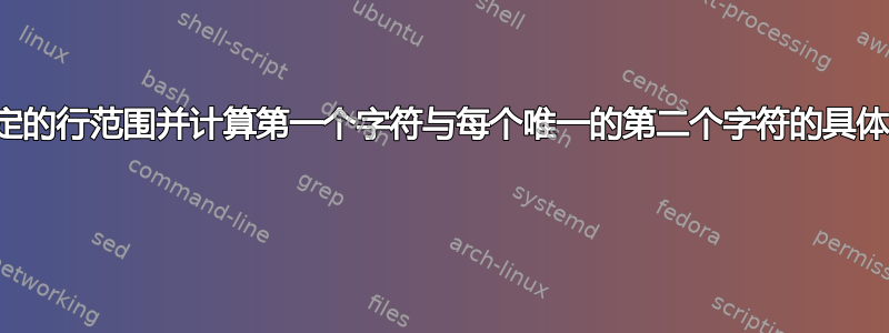 如何选择特定的行范围并计算第一个字符与每个唯一的第二个字符的具体出现次数？ 