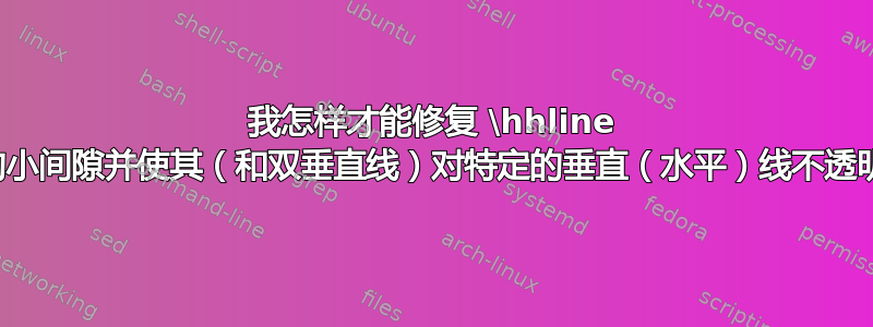 我怎样才能修复 \hhline 中的小间隙并使其（和双垂直线）对特定的垂直（水平）线不透明？