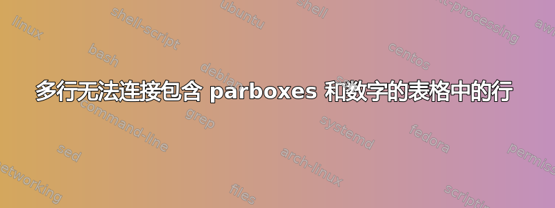 多行无法连接包含 parboxes 和数字的表格中的行