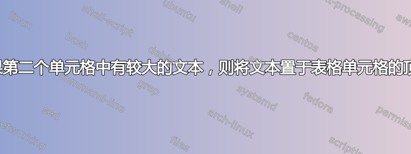 如果第二个单元格中有较大的文本，则将文本置于表格单元格的顶部