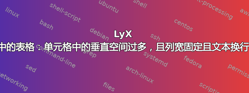 LyX 中的表格：单元格中的垂直空间过多，且列宽固定且文本换行